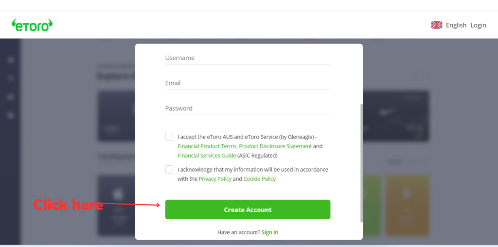 Etoro creating an account