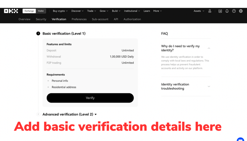 Okex basic account verification