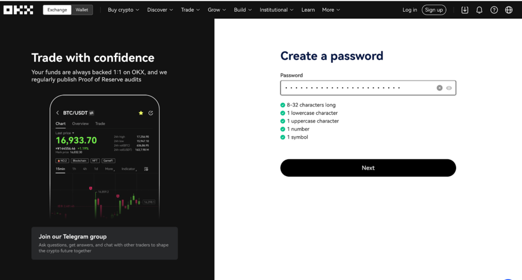 okx crreate a password